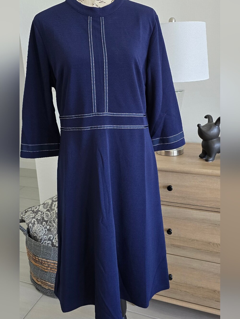 Women's Navy Long-Sleeve A-Line Dress with Contrast Stitching
